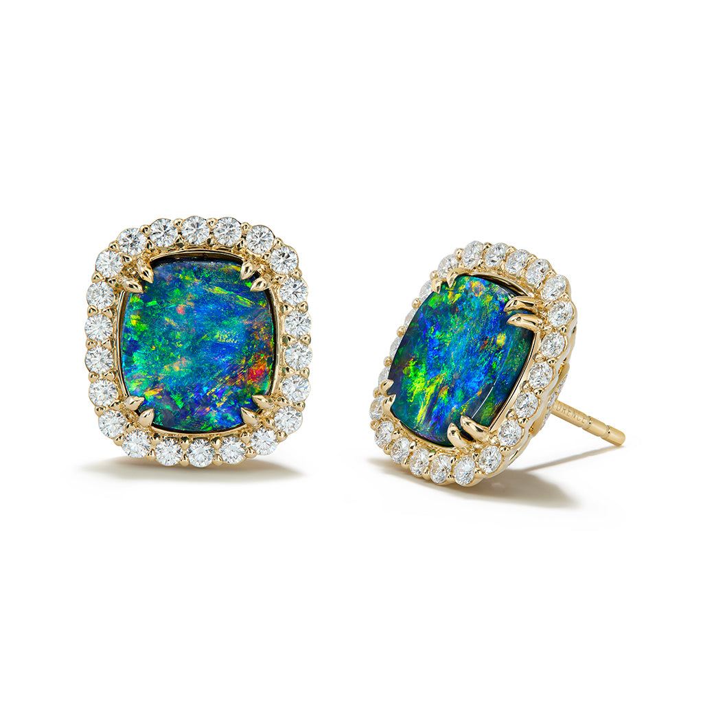 Lightning Ridge Black Opal Earrings with D Flawless Diamonds set in 18K Yellow Gold