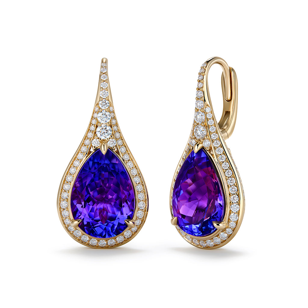 Tanzanite Earrings with D Flawless Diamonds set in 18K Yellow Gold