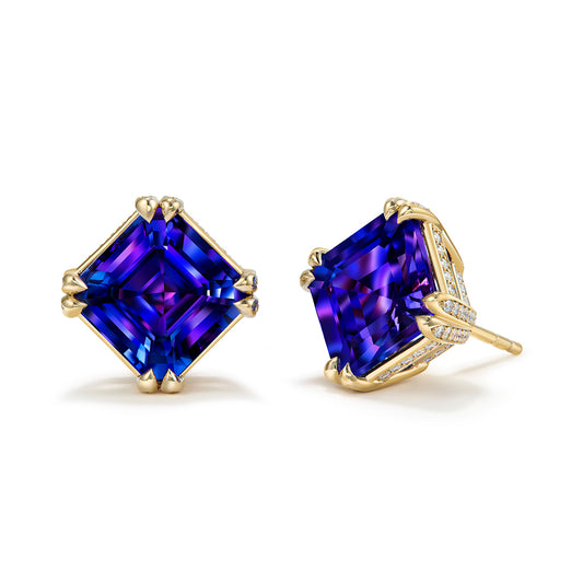 Tanzanite Earrings with D Flawless Diamonds set in 18K Yellow Gold