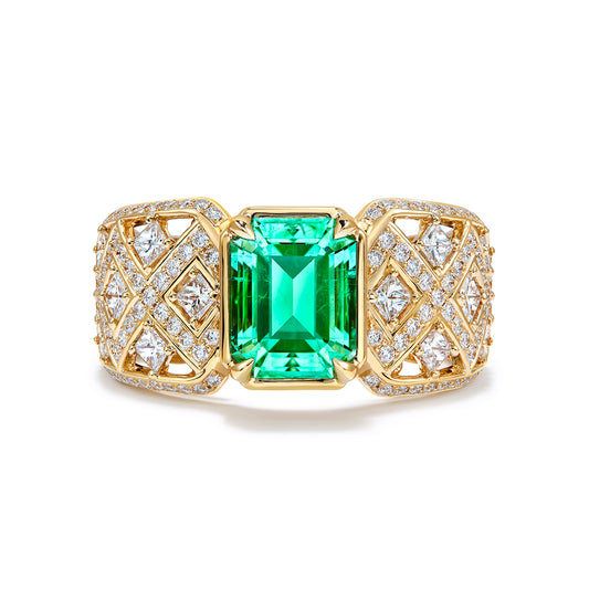No Oil Russian Emerald Ring with D Flawless Diamonds set in 18K Yellow Gold