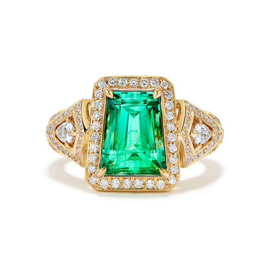 No Oil Russian Emerald Ring with D Flawless Diamonds set in 18K Yellow Gold