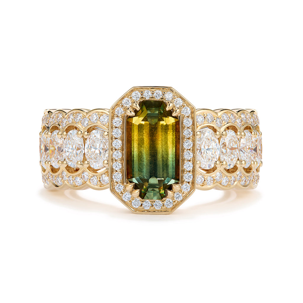 Unheated Bi Color Sapphire Ring with D Flawless Diamonds set in 18K Yellow Gold