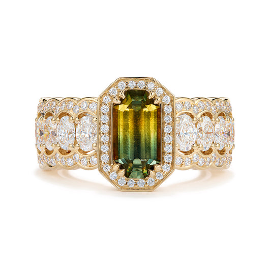 Unheated Bi Color Sapphire Ring with D Flawless Diamonds set in 18K Yellow Gold