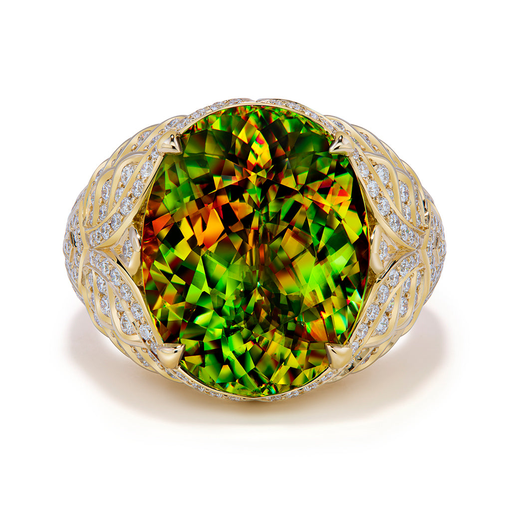 Russian Sphene Ring with D Flawless Diamonds set in 18K Yellow Gold