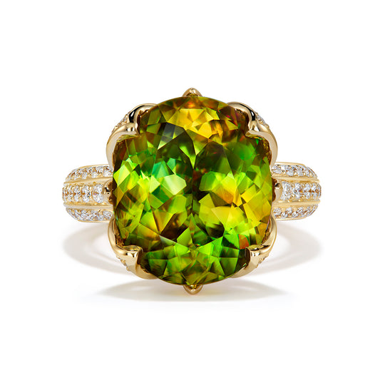 Russian Sphene Ring with D Flawless Diamonds set in 18K Yellow Gold