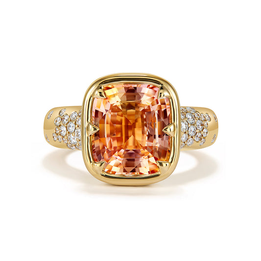 Unheated 630million Year Peach Sapphire Ring with D Flawless Diamonds set in 18K Yellow Gold