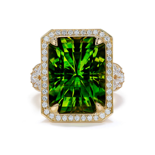 Dominican Historic Green Amber Ring with D Flawless Diamonds set in 18K Yellow Gold