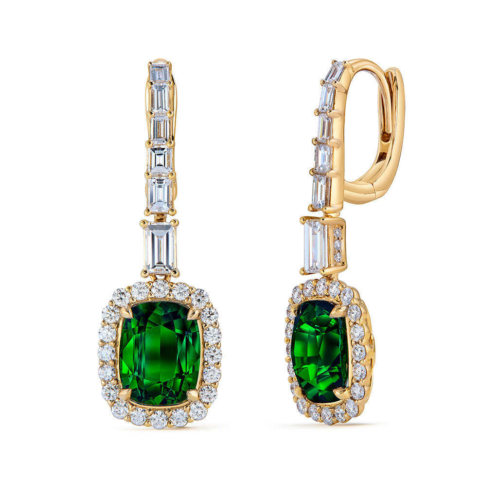 Vivid Green Vibrant Tsavorite Garnet Earrings with D Flawless Diamonds set in 18K Yellow Gold