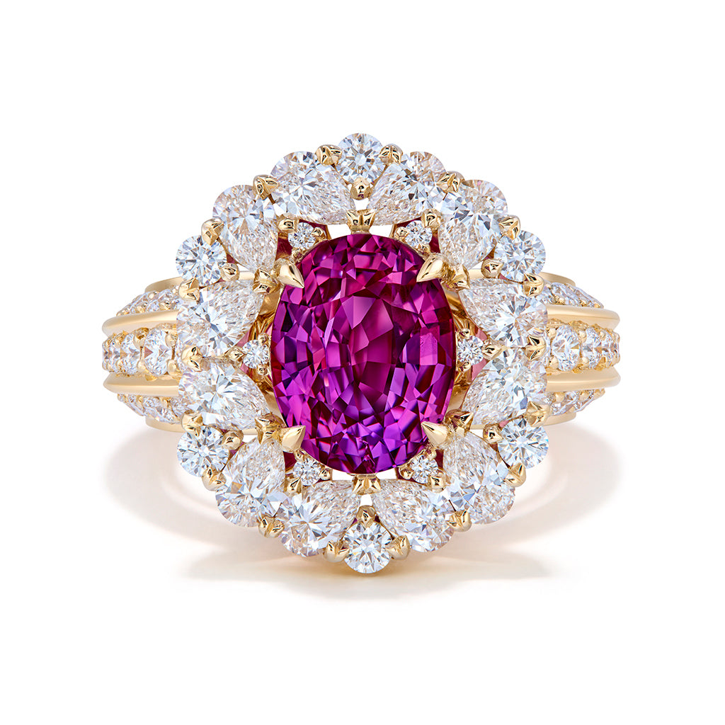 Unheated Vivid Pink Sapphire Ring with D Flawless Diamonds set in 18K Yellow Gold