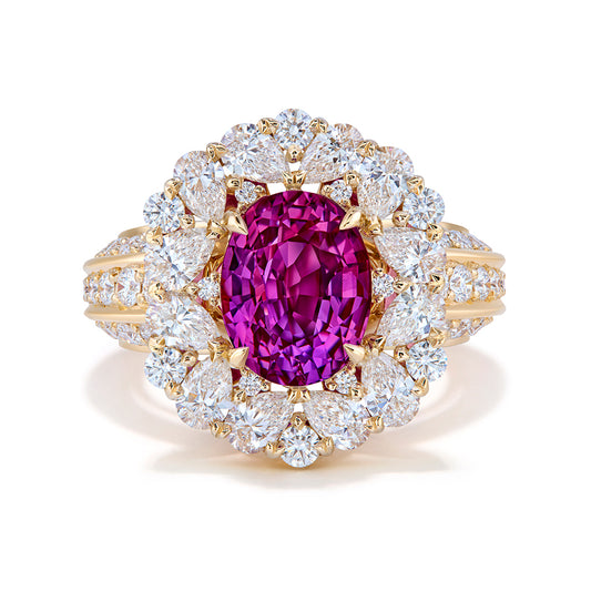 Unheated Vivid Pink Sapphire Ring with D Flawless Diamonds set in 18K Yellow Gold