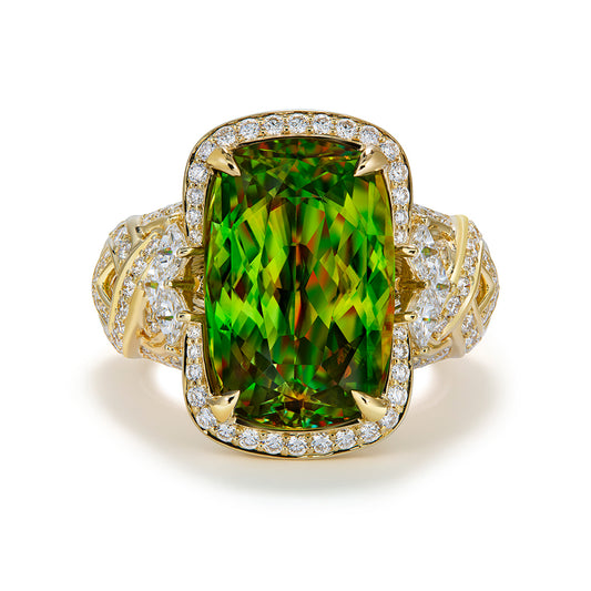 Russian Sphene Ring with D Flawless Diamonds set in 18K Yellow Gold
