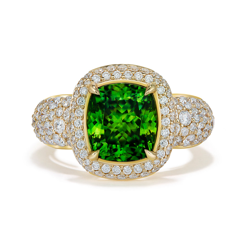 Neon Chrome Sphalerite Ring with D Flawless Diamonds set in 18K Yellow Gold