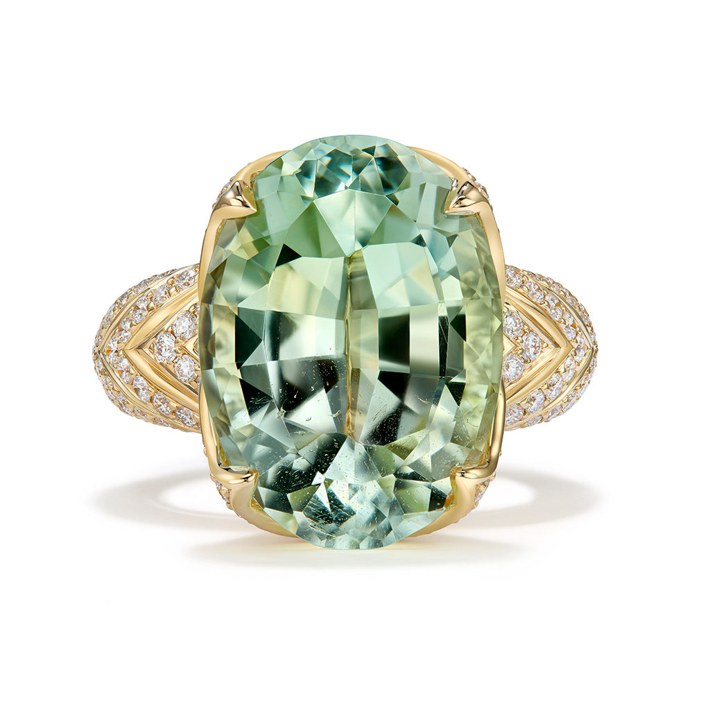 Record USA Datolite Ring with D Flawless Diamonds set in 18K Yellow Gold