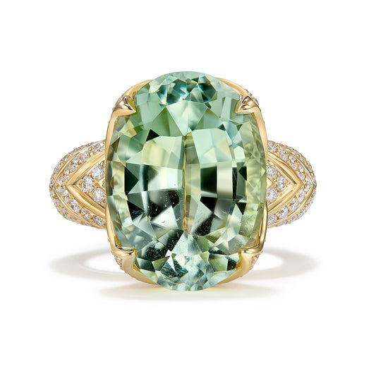 Record USA Datolite Ring with D Flawless Diamonds set in 18K Yellow Gold