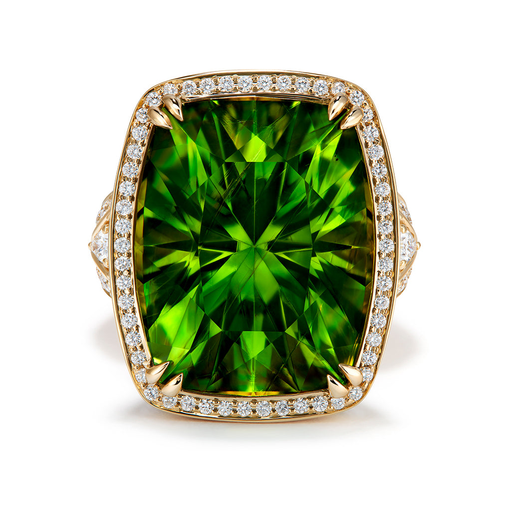 Dominican Historic Green Amber Ring with D Flawless Diamonds set in 18K Yellow Gold