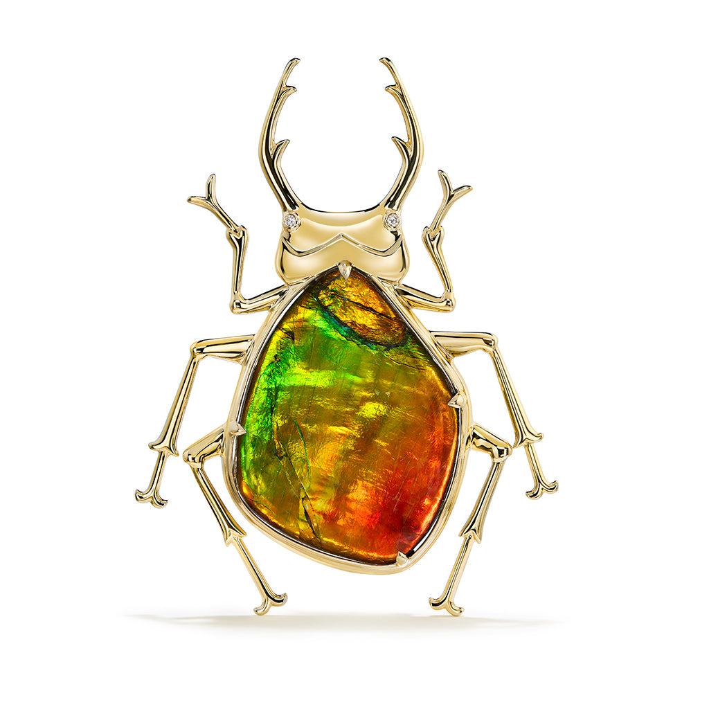 Canadian Solid Natural Ammonite Brooch with D Flawless Diamonds set in 18K Yellow Gold