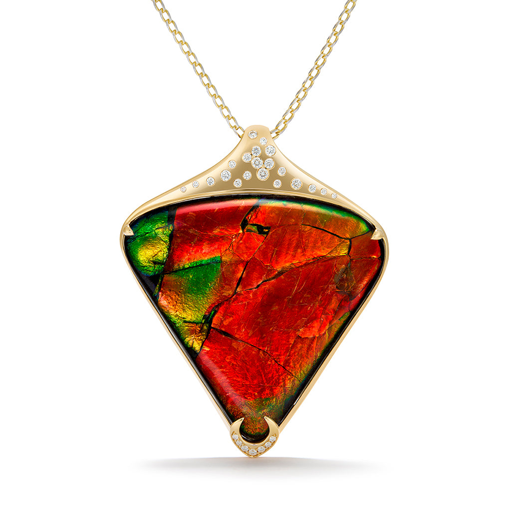 Canadian Solid Natural Ammonite Necklace with D Flawless Diamonds set in 18K Yellow Gold