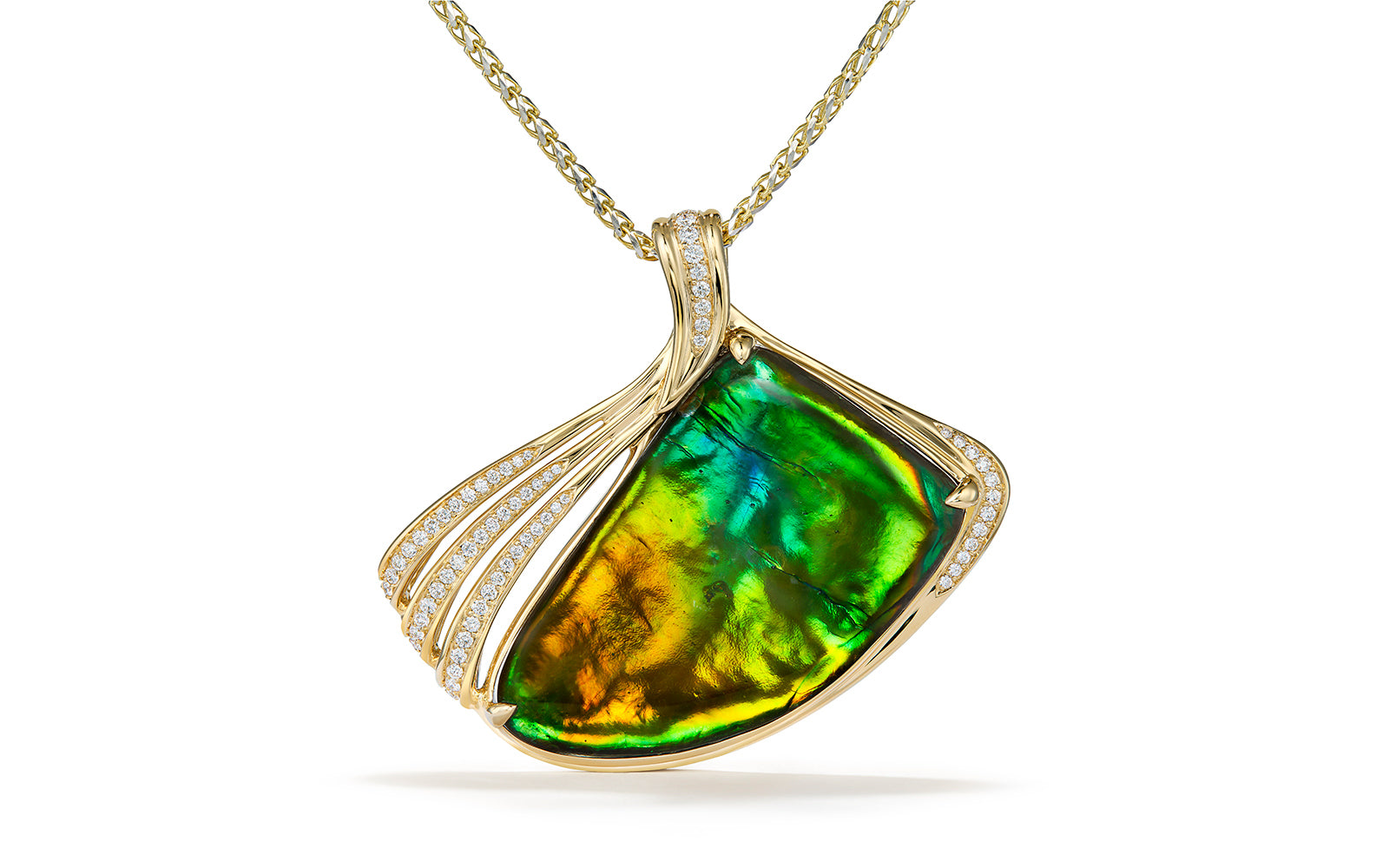 Canadian Solid Natural Ammonite Necklace with D Flawless Diamonds set in 18K Yellow Gold