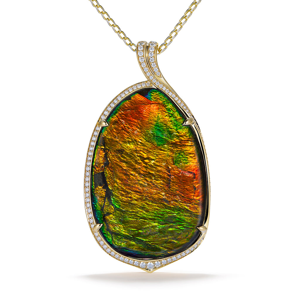 Canadian Solid Natural Ammonite Necklace with D Flawless Diamonds set in 18K Yellow Gold