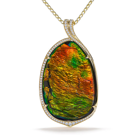 Canadian Solid Natural Ammonite Necklace with D Flawless Diamonds set in 18K Yellow Gold