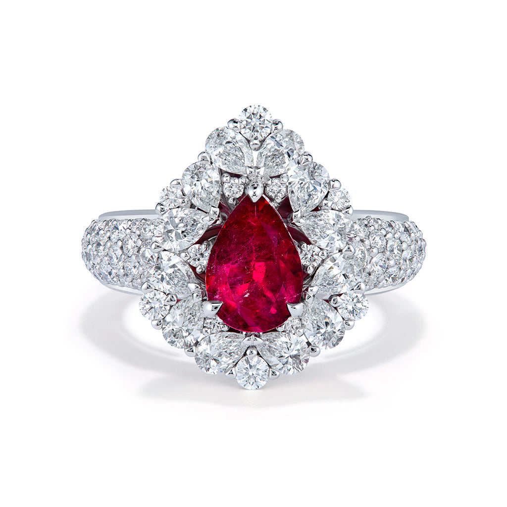 No Oil Bixbite Red Beryl Ring with D Flawless Diamonds set in 18K White Gold