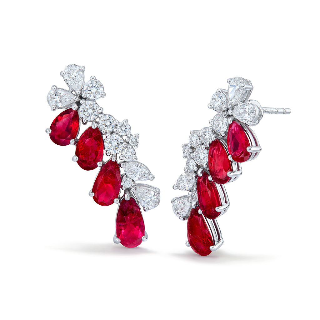No Oil Bixbite Red Beryl Earrings with D Flawless Diamonds set in 18K White Gold