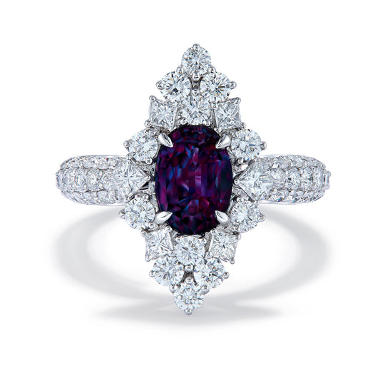 Blue Garnet Color Change Ring with D Flawless Diamonds set in 18K White Gold