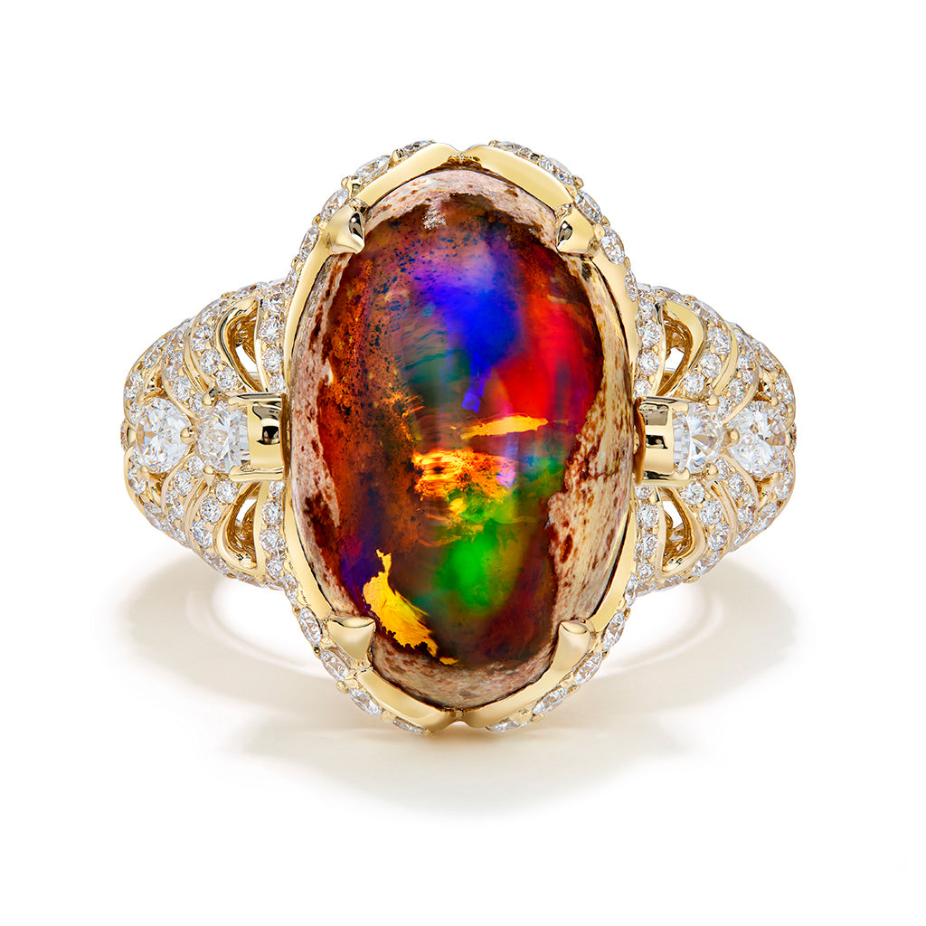Mexican Matrix Opal Ring with D Flawless Diamonds set in 18K Yellow Gold