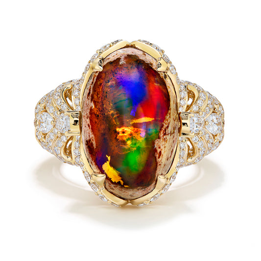 Mexican Matrix Opal Ring with D Flawless Diamonds set in 18K Yellow Gold