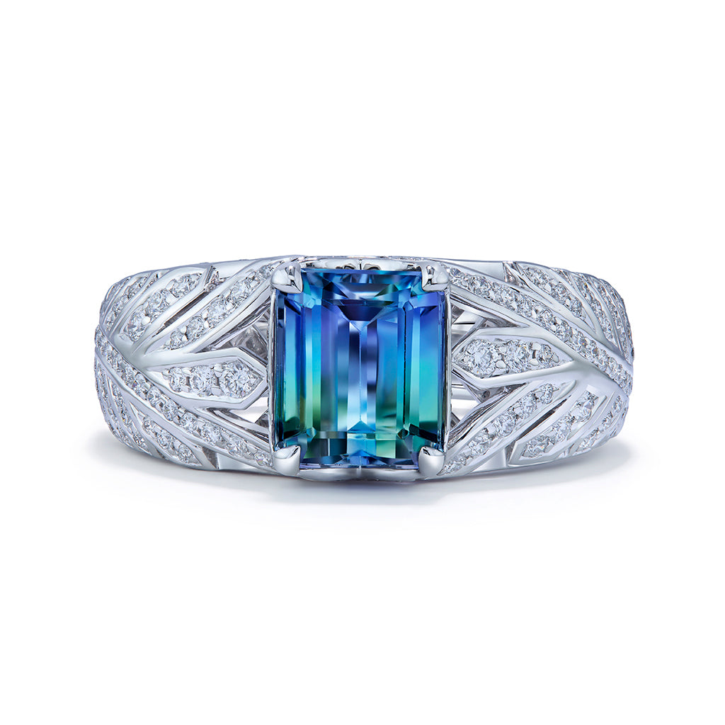 Unheated Bi Color Tanzanite Ring with D Flawless Diamonds set in 18K White Gold