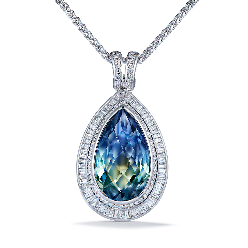 Unheated Ceylon Bi Color Sapphire Necklace with D Flawless Diamonds set in 18K White Gold