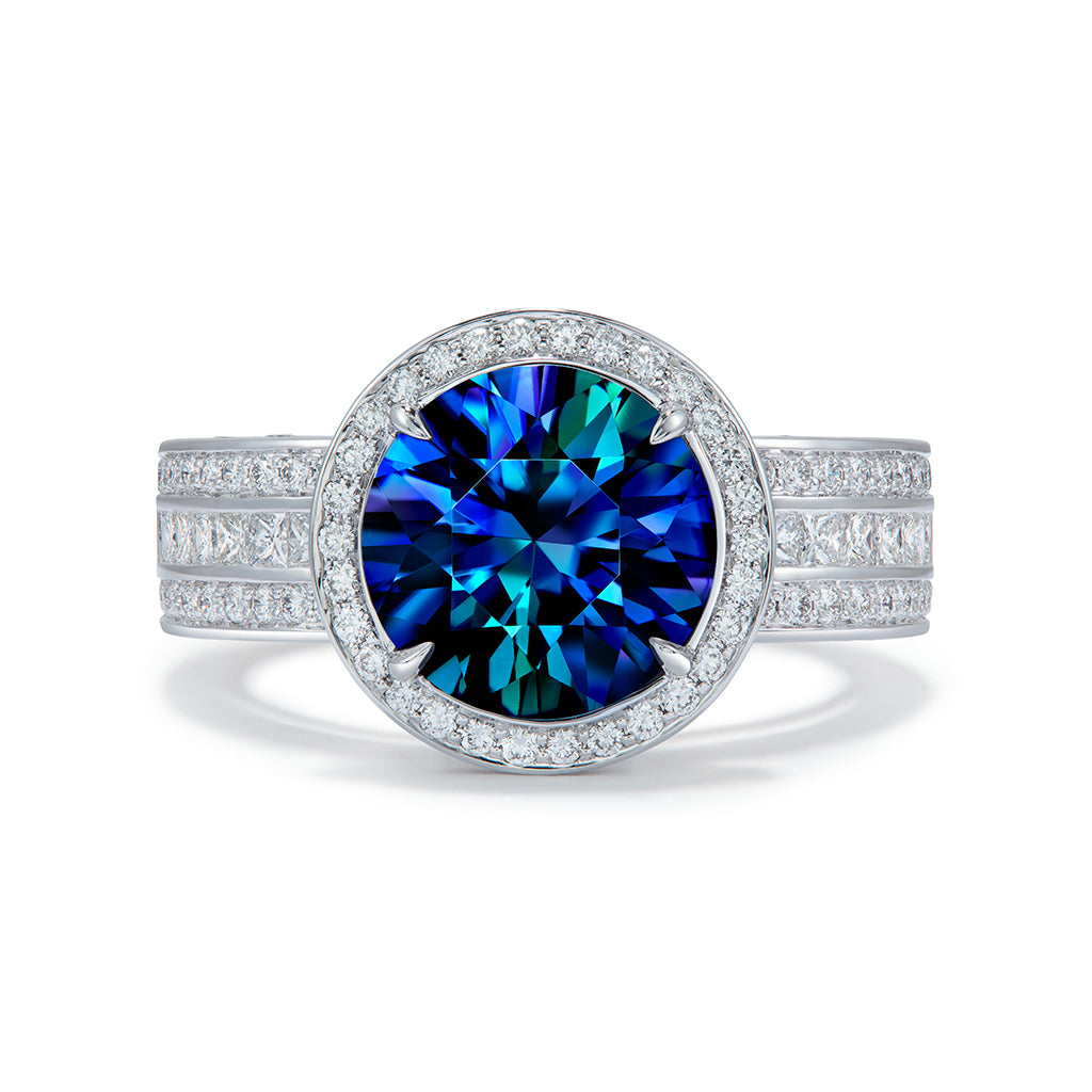 Burmese Color Change Natural Zircon Ring with D Flawless Diamonds set in 18K White Gold