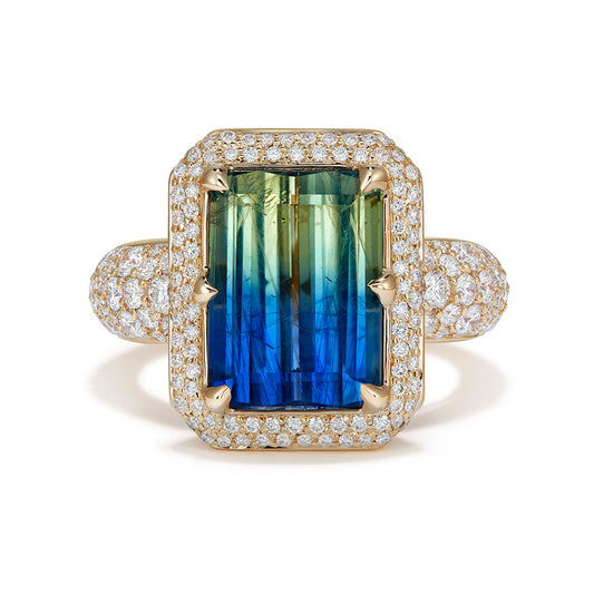 Unheated Bi Color Sapphire Ring with D Flawless Diamonds set in 18K Yellow Gold