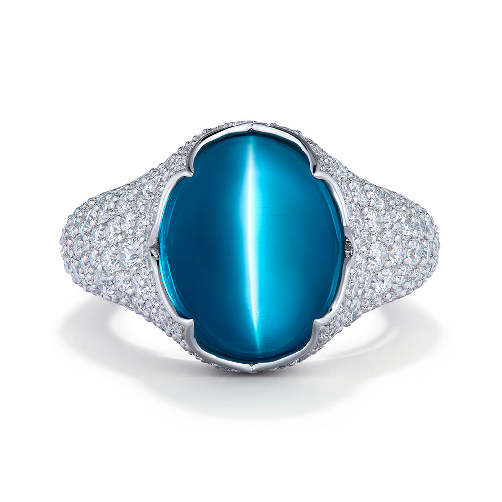Neon Brazilian Apatite Cat's Eye Ring with D Flawless Diamonds set in 18K White Gold