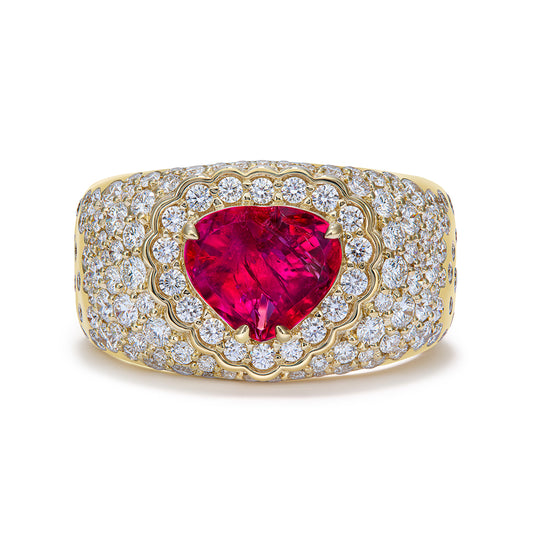 No Oil Bixbite Red Beryl Ring with D Flawless Diamonds set in 18K Yellow Gold