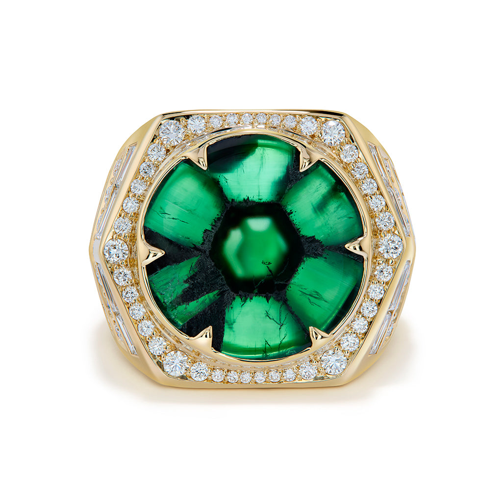 Vivid Green Muzo Colombian Trapiche Emerald Ring with D Flawless Diamonds set in 18K Yellow Gold