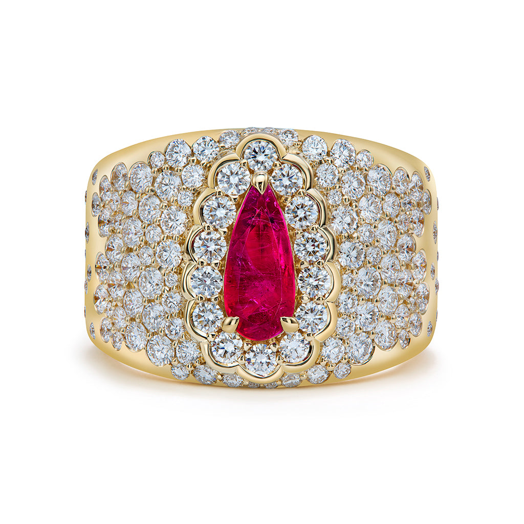 No Oil Bixbite Red Beryl Ring with D Flawless Diamonds set in 18K Yellow Gold