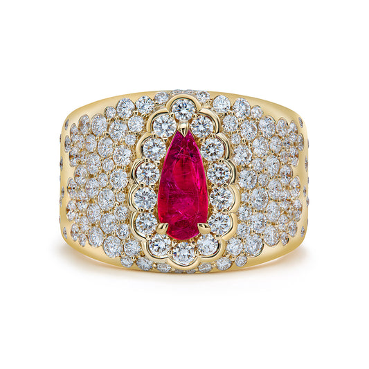 No Oil Bixbite Red Beryl Ring with D Flawless Diamonds set in 18K Yellow Gold