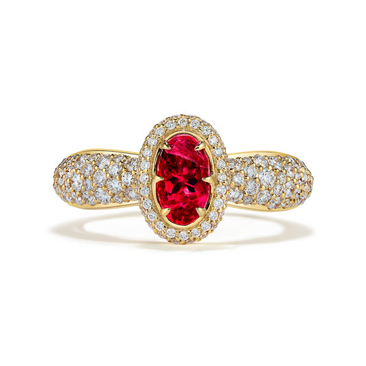 No Oil Bixbite Red Beryl Ring with D Flawless Diamonds set in 18K Yellow Gold