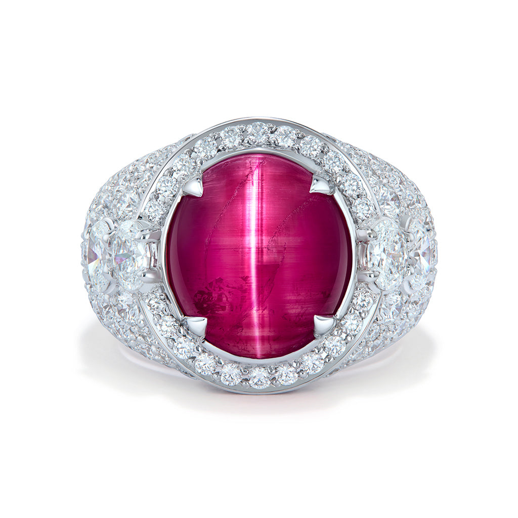 Beryl Pezzottaite Cats Eye Ring with D Flawless Diamonds set in 18K White Gold