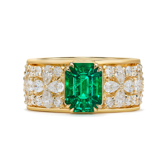 Old World Muzo Colombian Emerald Ring with D Flawless Diamonds set in 18K Yellow Gold