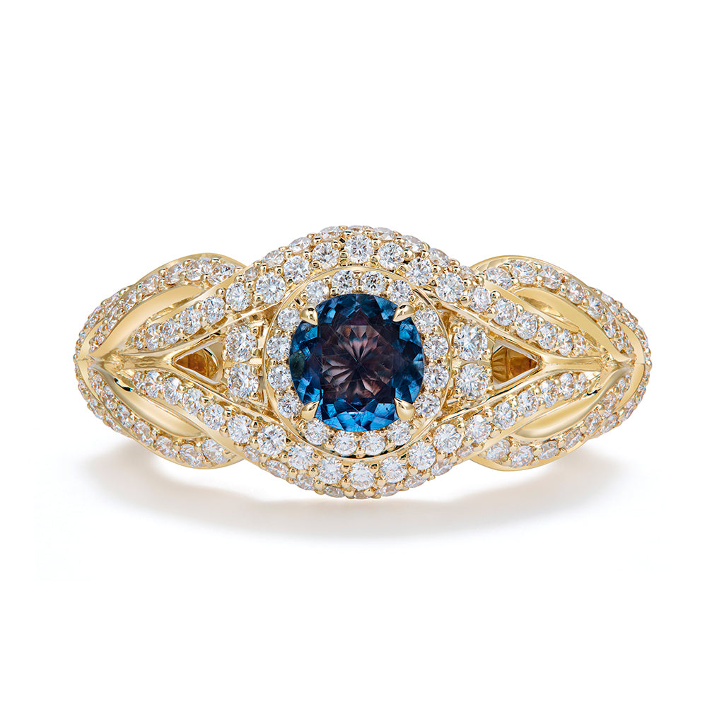 Blue Garnet Color Change Ring with D Flawless Diamonds set in 18K Yellow Gold