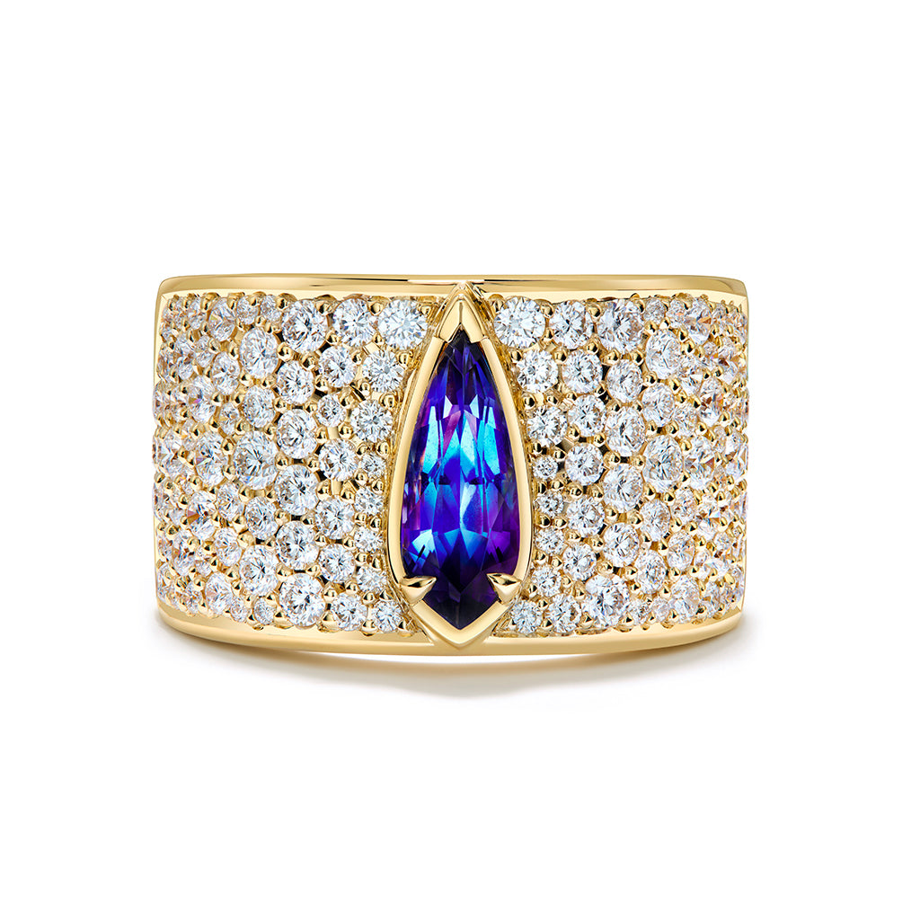 California Benitoite Ring with D Flawless Diamonds set in 18K Yellow Gold
