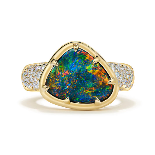 Lightning Ridge Black Opal Ring with D Flawless Diamonds set in 18K Yellow Gold