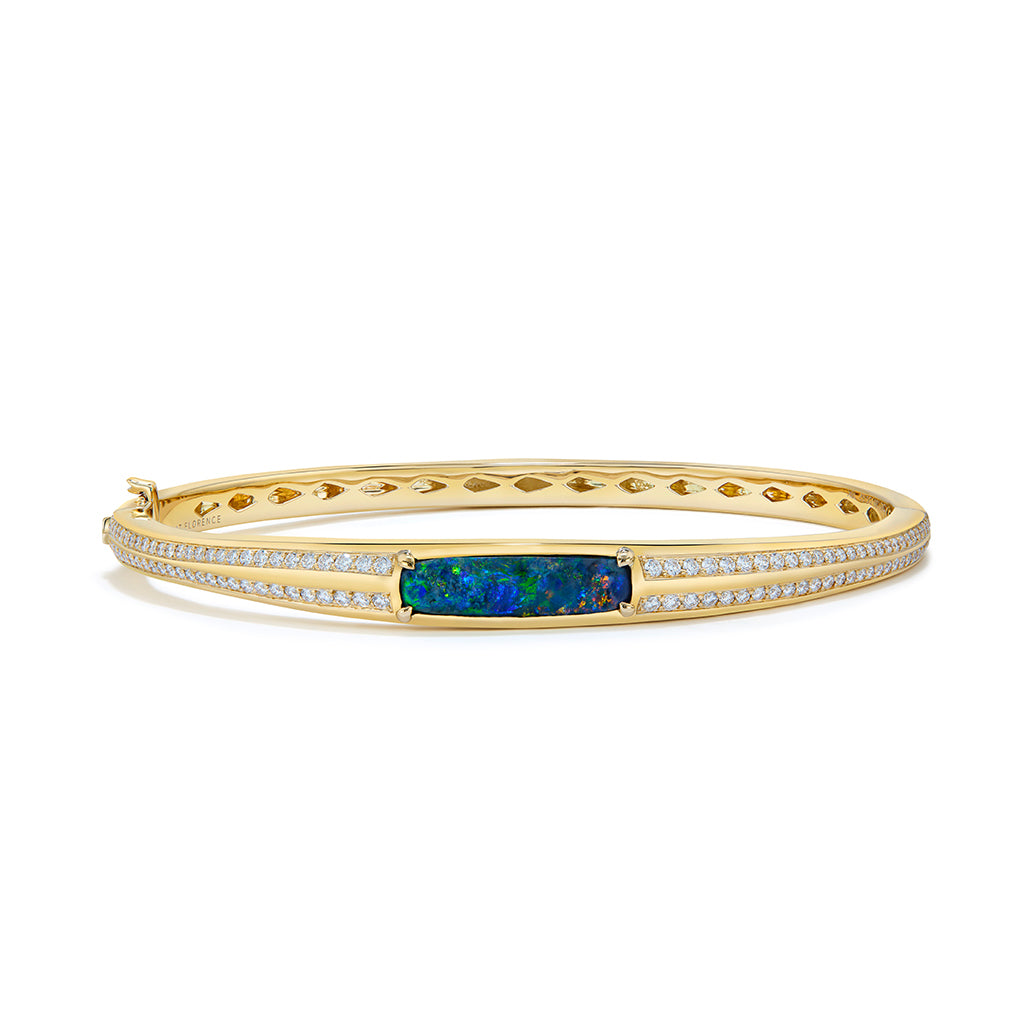 Lightning Ridge Black Opal Bangle with D Flawless Diamonds set in 18K Yellow Gold