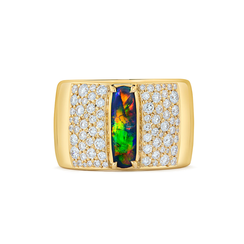 Lightning Ridge Black Opal Ring with D Flawless Diamonds set in 18K Yellow Gold