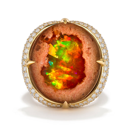Mexican Matrix Opal Ring with D Flawless Diamonds set in 18K Yellow Gold