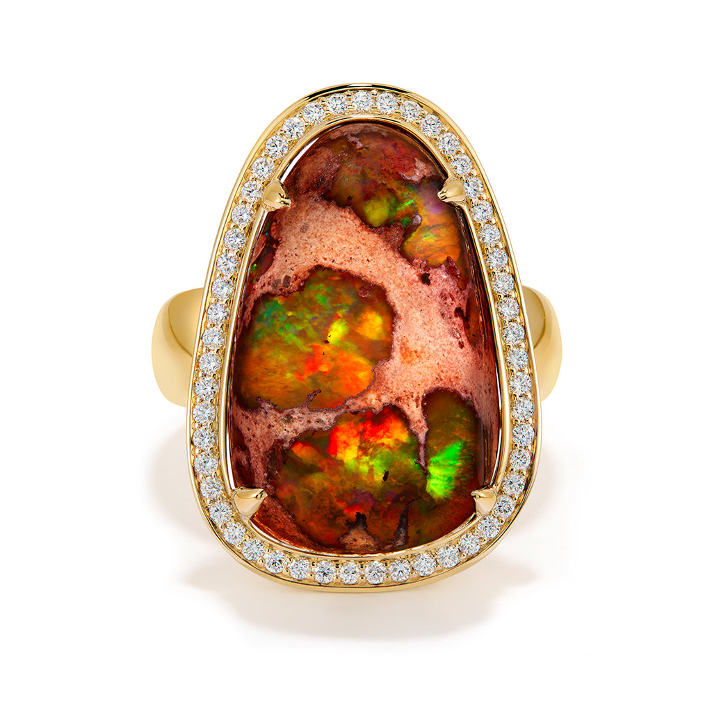 Mexican Matrix Opal Ring with D Flawless Diamonds set in 18K Yellow Gold