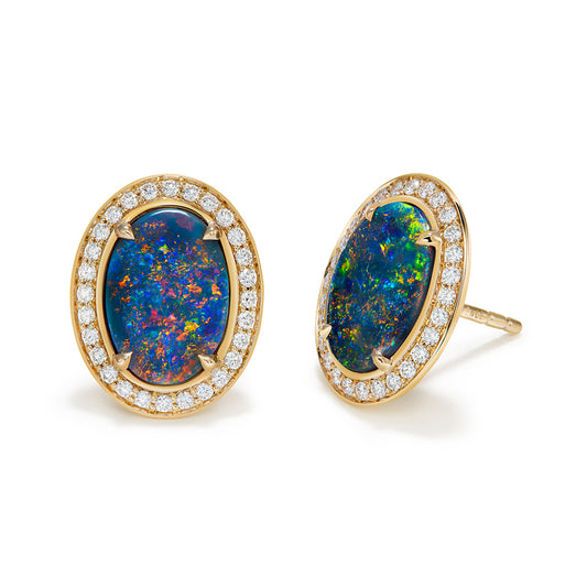 Lightning Ridge Black Opal Earrings with D Flawless Diamonds set in 18K Yellow Gold