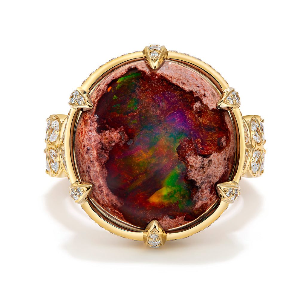 Mexican Matrix Opal Ring with D Flawless Diamonds set in 18K Yellow Gold